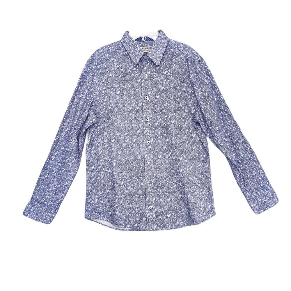 Nick Graham Everywhere Mens M Blue Paisley Button Dress Shirt Stretch Modern Fit